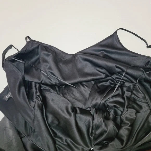 EXPRESS Slip Dress Womens Black Small Satin V-Neck Asymmetrical Midi Coctail - Picture 10 of 12